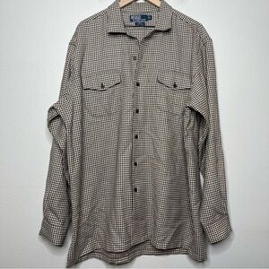 VTG Polo Ralph Lauren Men Beck Shirt Large 100%‎ Wool Houndstooth Brown Pockets